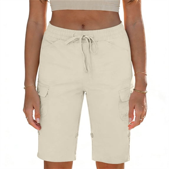 Cargo Shorts for Women Drawstring Elastic Waisted Mid Rise Half Pants with Pockets Womens Straight Leg Bermuda Short 4th of July