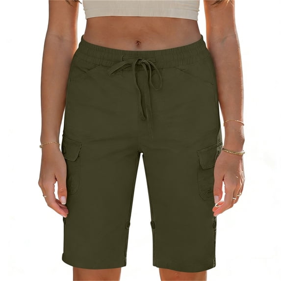 Cargo Shorts for Women Drawstring Elastic Waisted Mid Rise Half Pants with Pockets Womens Straight Leg Bermuda Short 4th of July