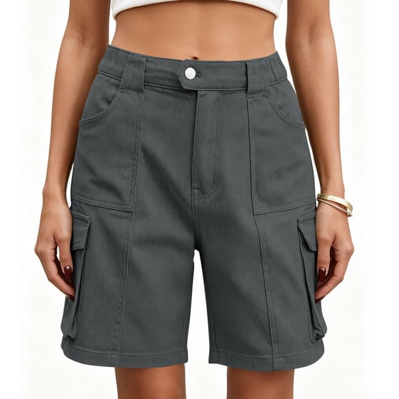 Cargo Shorts for Women Hiking Mid Rise Elastic Waisted Knee Length Straight Leg Bermuda Short with Multi Pockets