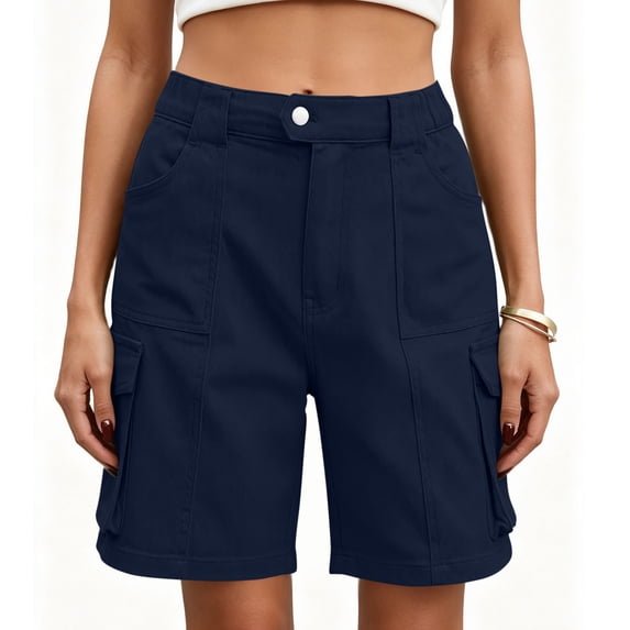 Cargo Shorts for Women Hiking Mid Rise Elastic Waisted Knee Length Straight Leg Bermuda Short with Multi Pockets