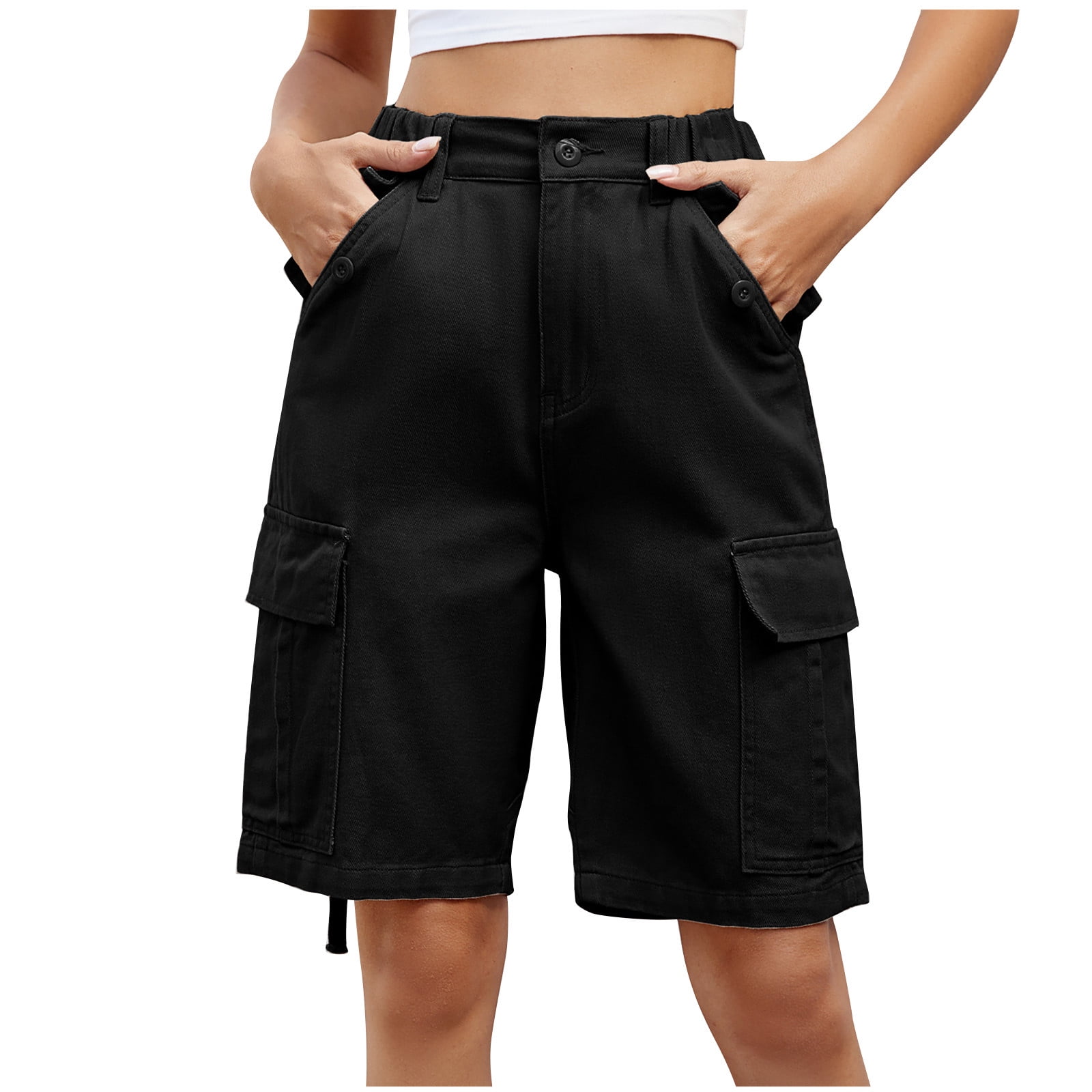 【BOK PLACE】Big Cargo Multi Pocket Bermuda Knee Length PT Cargo Shorts for Women Knee Length Cotton High Waisted Multi