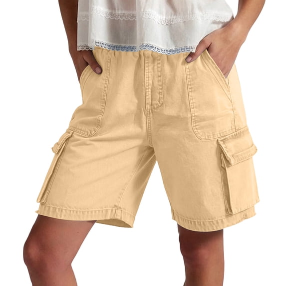 Cargo Shorts for Women Multi Pockets Faux Denim Jean Shorts Elastic Waist Stretchy Straight Leg Summer Shorts (S, Khaki)
