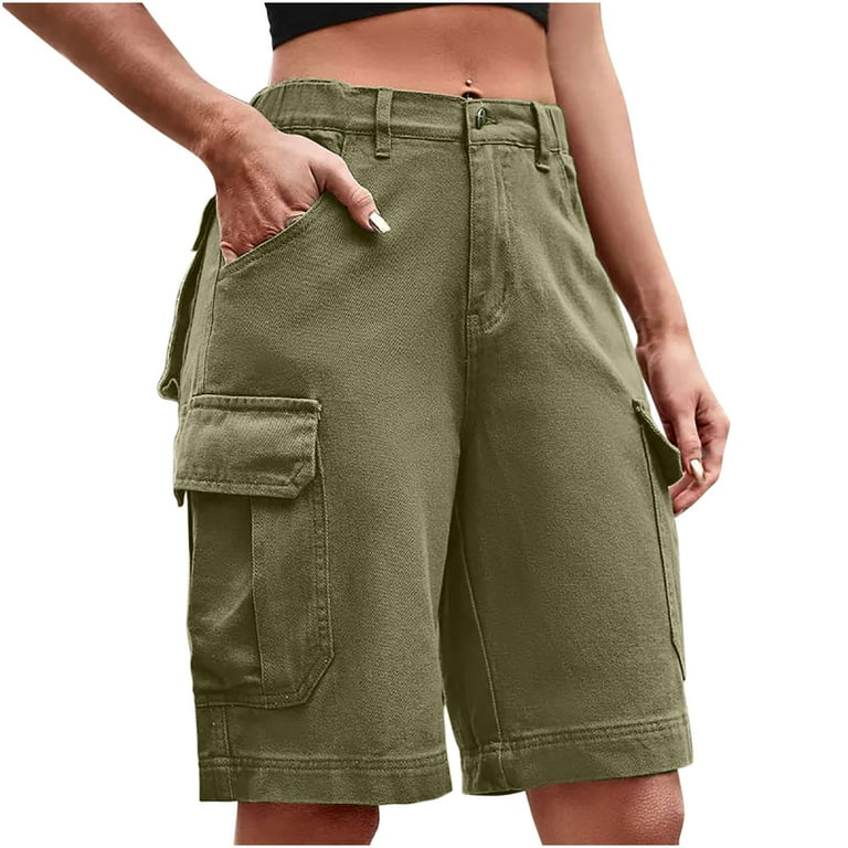 Cargo Shorts for Women Solid Color High Waist Crooped Pants with