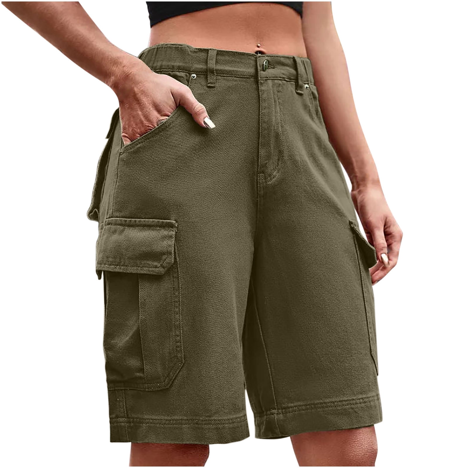 【KOOLOSET】Side Tuck Cotton Cargo Bermuda Pants Cargo Shorts for Women Solid Color High Waist Crooped Pants