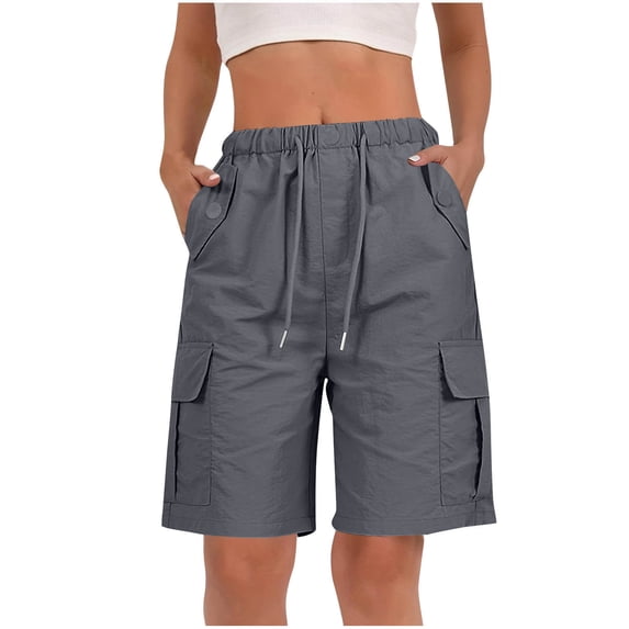 Cargo Shorts for Women Summer 9'' Hiking Bermuda Shorts with Pockets Drawstring Quick Dry Light Sweat Shorts (2XL, Dark Gray)