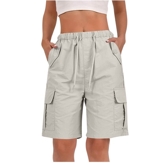 Cargo Shorts for Women Summer 9'' Hiking Bermuda Shorts with Pockets Drawstring Quick Dry Light Sweat Shorts (L, Gray)