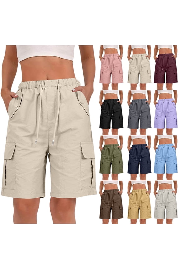Cargo Shorts for Women Summer 9'' Hiking Bermuda Shorts with Pockets Drawstring Quick Dry Light Sweat Shorts (M, Beige)