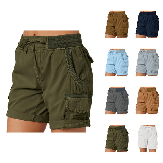 Cargo Shorts for Women Summer Casual Elastic High Waist Straight Leg Relaxed Fit Lightweight Hiking Shorts with Pockets