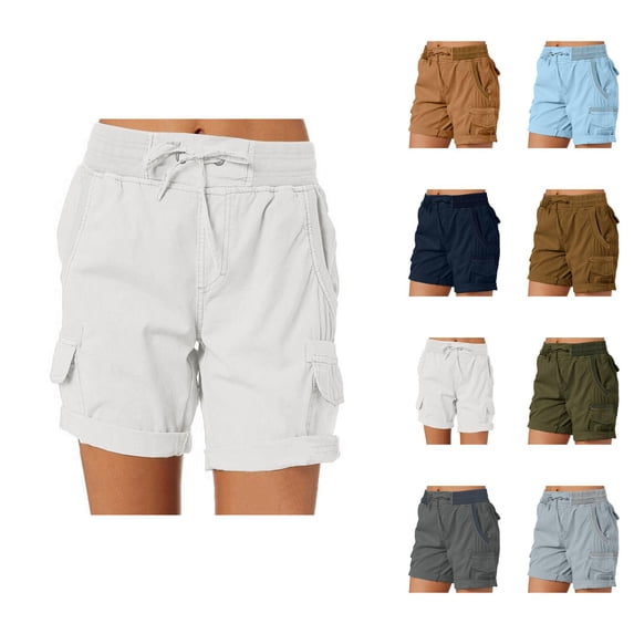 Cargo Shorts for Women Summer Casual Elastic High Waist Wide Leg Loose Fit Lightweight Hiking Shorts with Pockets