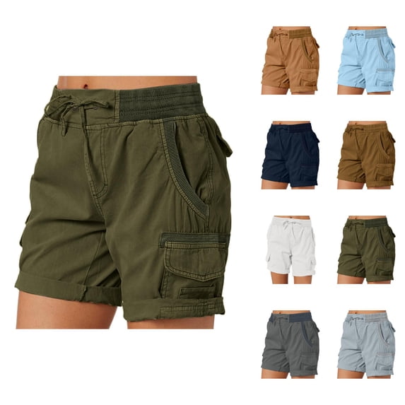 Cargo Shorts for Women Summer Casual Elastic High Waist Wide Leg Loose Fit Lightweight Hiking Shorts with Pockets