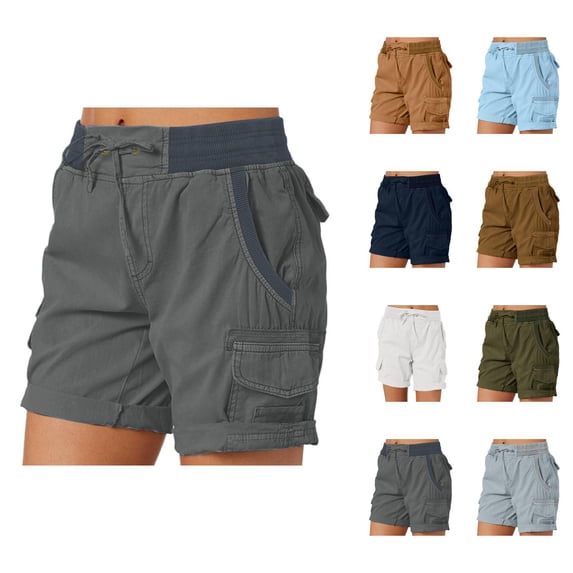 Cargo Shorts for Women Summer Casual Elastic High Waist Wide Leg Loose Fit Lightweight Hiking Shorts with Pockets