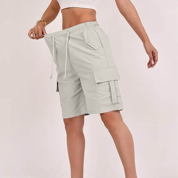 Cargo Shorts for Women Summer Elastic Waist Drawstring Button Bermuda Shorts Womens Casual Solid Loose Fits Lightweight Comfy Knee Length Cargo Short