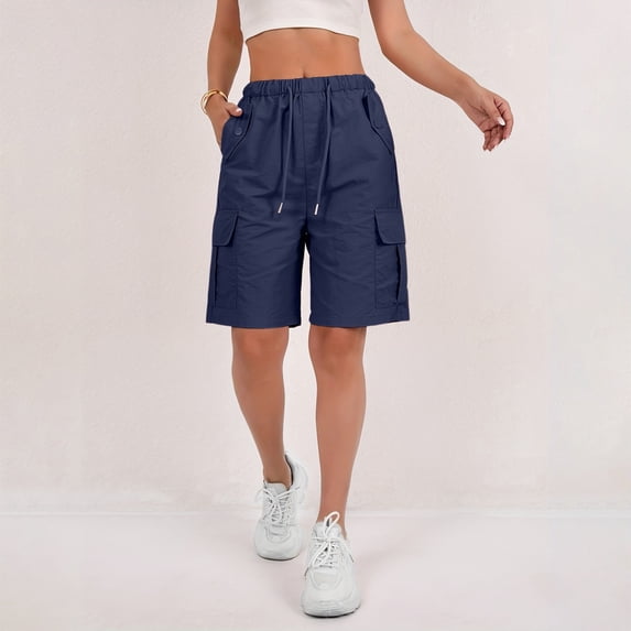 Cargo Shorts for Women Summer Quick Dry Cargo Shorts with Pockets Outdoor Drawstring Knee Length Hiking Short Dark Blue L