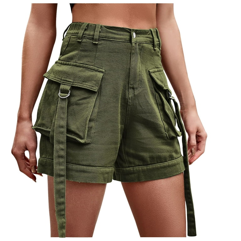 Cargo Shorts for Women with Belt High Rise Cuffed Flap Pockets Pants Denim  Shorts with Elastic Back,Women Shorts Casual Summer
