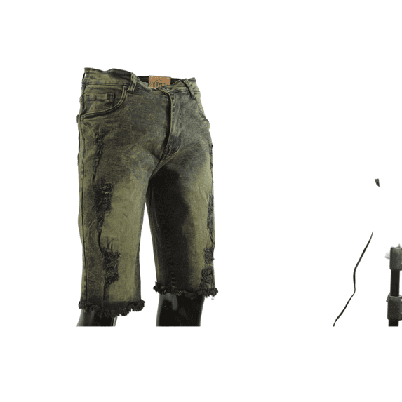 Men's Ripped and Repaired Denim Shorts, Slim Fit Distressed Jean Shorts - Dark Green - 36