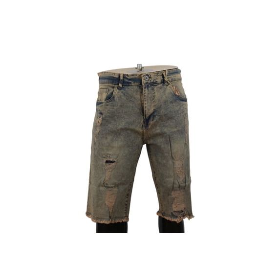 Men's Ripped and Repaired Denim Shorts, Slim Fit Distressed Jean Shorts - Mustard - 34