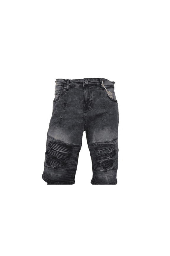 Men’s Biker Moto Denim Shorts Ripped & Slim Fit, Black, 36