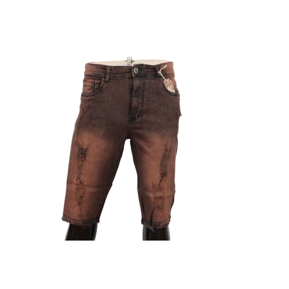 Men's Ripped and Repaired Denim Shorts, Slim Fit Distressed Jean Shorts - Dark Brown - 44