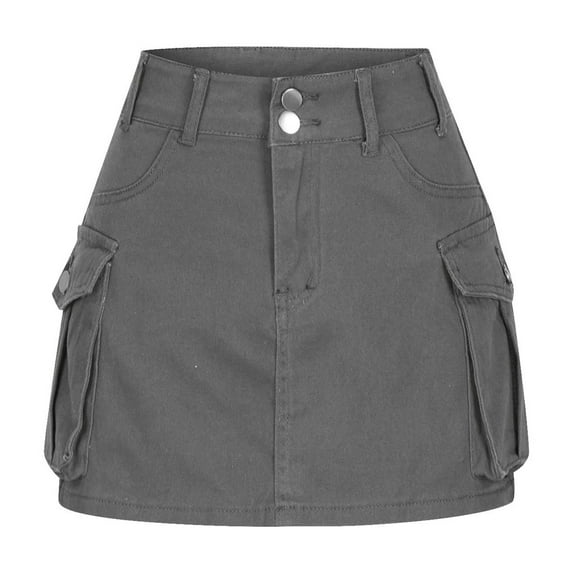 Cargo Skirt Women Button Mini Skirt with Pocket Bodycon Trendy Denim Jean Short Skirts Gray M