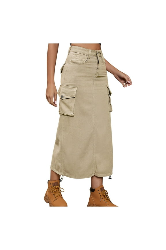 Cargo Skirt Womens Solid Color High Waisted Summer Long Skirt with 6 Pockets Twill Hiking Casual Work Maxi Skirt