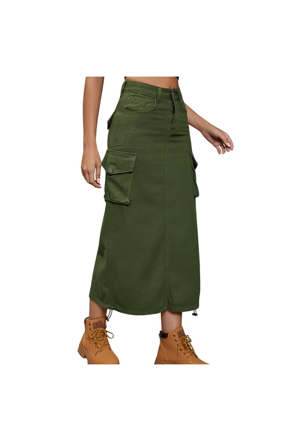Cargo Skirt Womens Solid Color High Waisted Summer Long Skirt with 6 Pockets Twill Hiking Casual Work Maxi Skirt