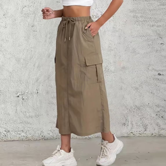 Cargo Skirt for Women Casual High Waisted Straight Maxi Skirt Comfy A-Line Long Skirt Trendy Summer Work Skirts Camel L