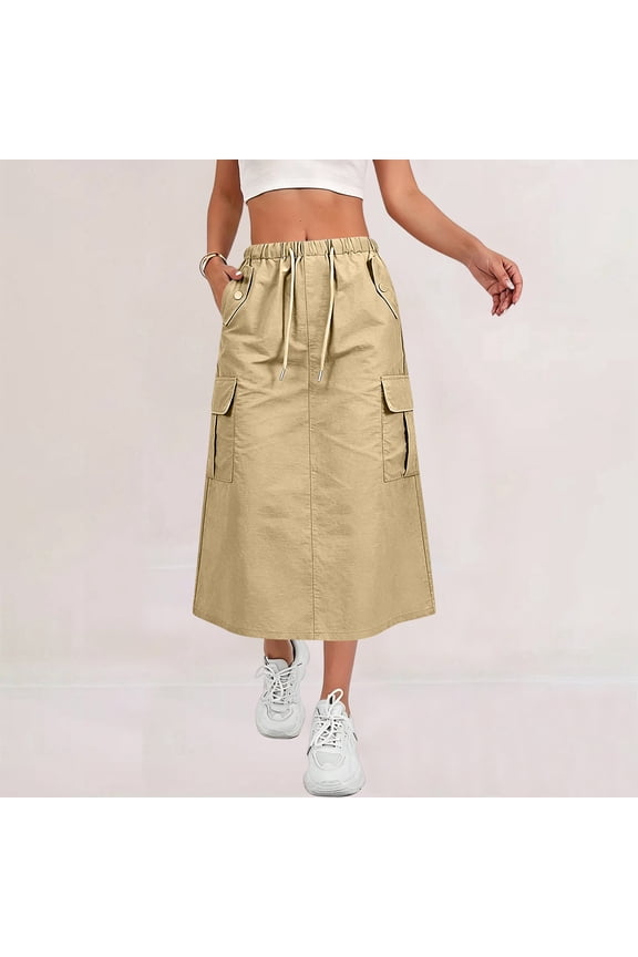 Cargo Skirt for Women High Waisted Drawstring Quick Dry Maxi Skirt Trendy Back Slit A Line Long Skirts Summer Skirts Complexion XL