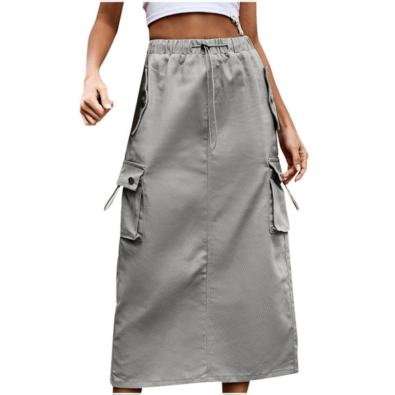 Cargo Skirts for Women Casual Multi Pockets Button Midi Denim Skirt Elastic High Waist Jean Skirts