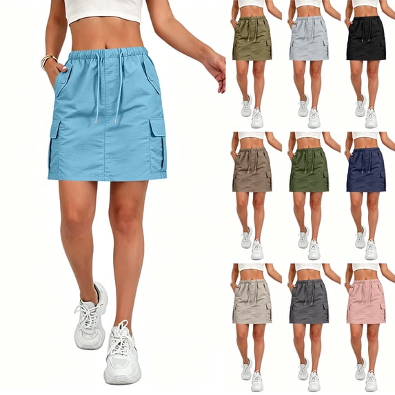 Cargo Skirts for Women Drawstring Elastic High Waist Mini Skirts Quick Dry Lightweight Causal Skirts with Multi Pockets, L