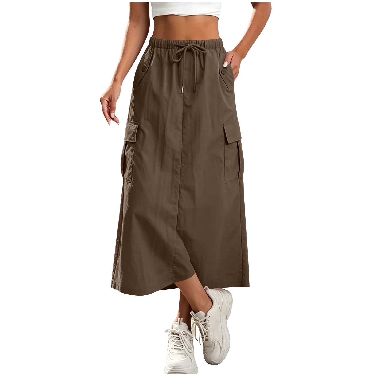 Cargo Skirts for Women Drawstring Waist Midi Skirt with Pockets