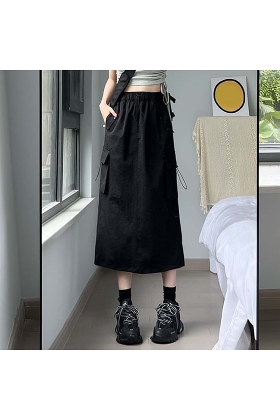 Cargo Skirts for Women High Waist A Line Slimming Skirt Loose Daily Casual Retro Summer Womens Long Skirt with Pocket Black M