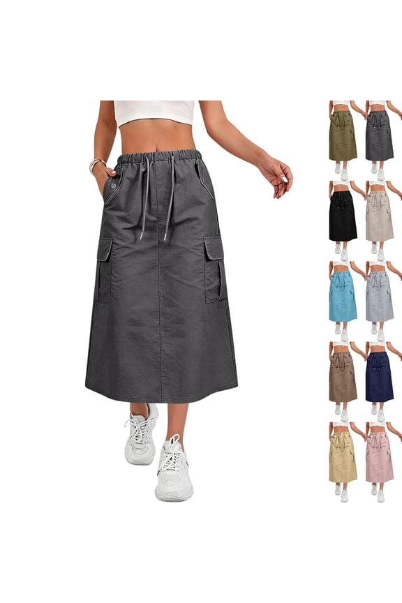 Cargo Skirts for Women Maxi Long Skirt Adjustable Waist Quick Dry Casual A-Line 2026 Summer Fashion Skirt,Dark Gray,L