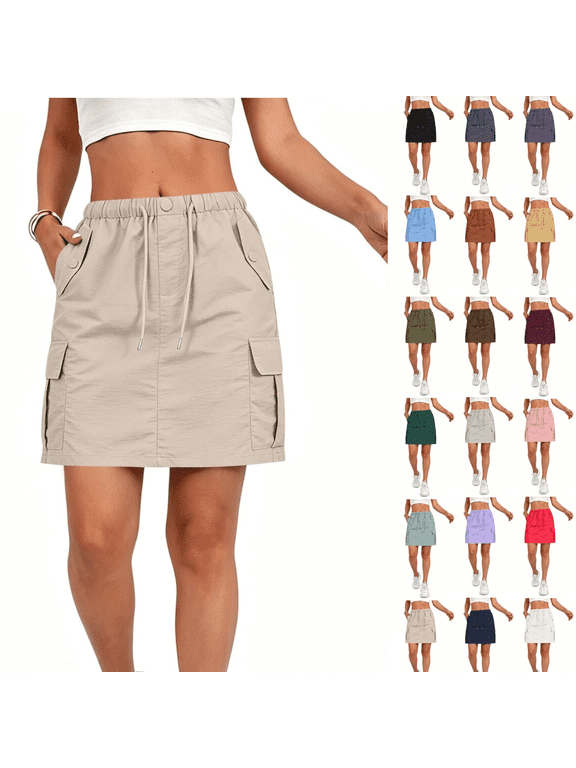 Cargo Skorts for Women Elastic Drawstring High Waisted Golf Hiking Skirt with 4 Pockets Casual Summer Athletic Skort,Khaki,M
