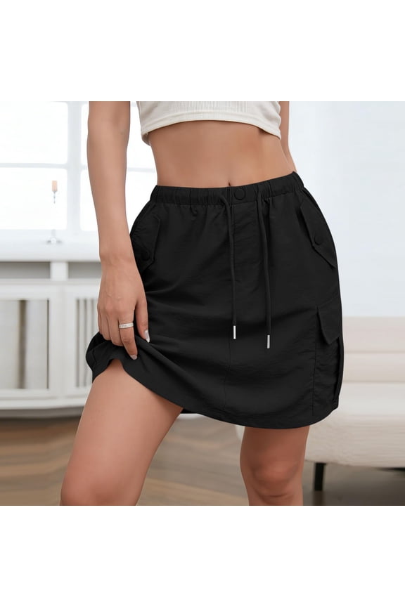 Cargo Skorts for Women Elastic Drawstring High Waisted Hiking Skirt with Pockets Casual Summer Athletic Skort