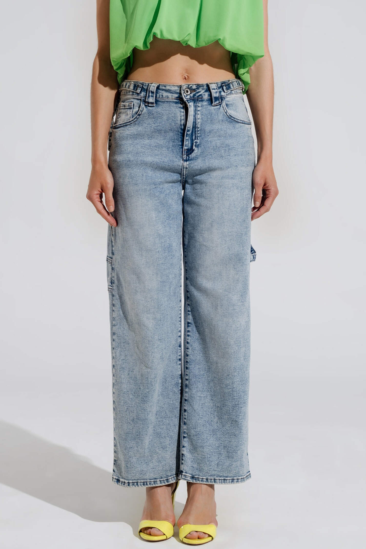 Cargo Style Bleached Jeans With Belt Like Strap Details At The Waist