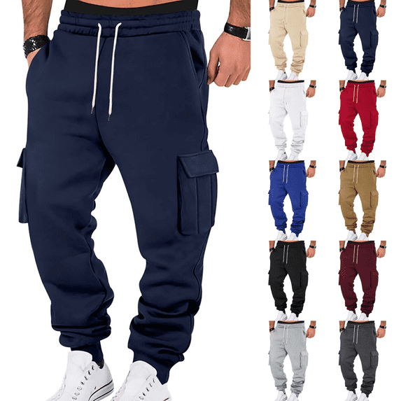 Cargo Sweatpants Mens Fleece Heavyweight Elastic Waist Pants with Pockets Baggy Drawstring Jogger Pants Navy M