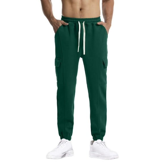 Cargo Sweatpants for Men Casual Lightweight Track Pants Solid Color Drawstring Elastic Waist Trousers with Pockets, Green, S