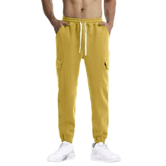 Cargo Sweatpants for Men Casual Lightweight Track Pants Solid Color Drawstring Elastic Waist Trousers with Pockets, Yellow, S