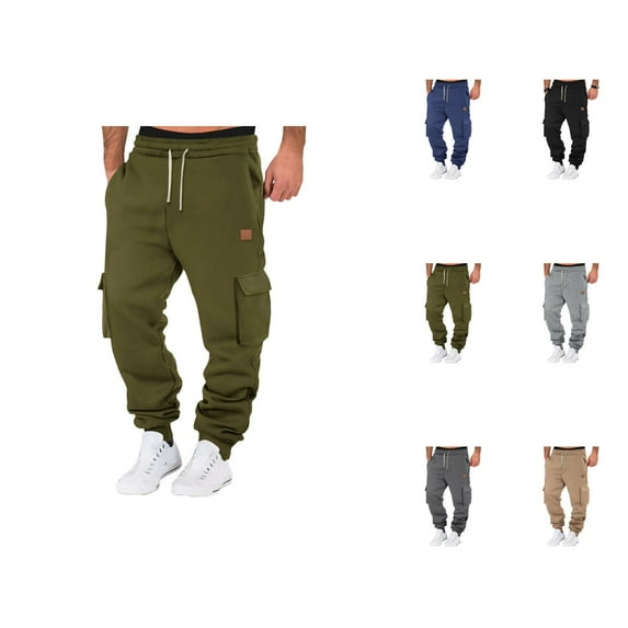 Cargo Sweatpants for Men Fall Winter Elastic Waist Drawstring Jogger Pants with Pockets Casual Trousers