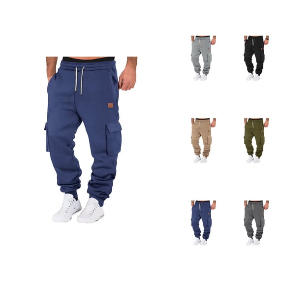 Cargo Sweatpants for Men Fall Winter Plain Straight Leg Drawstring Joggers with Pockets Mens Casual Pants Trousers