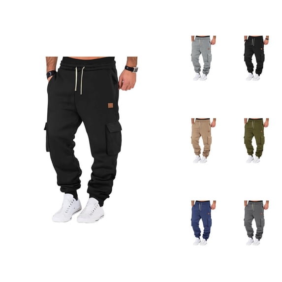 Cargo Sweatpants for Men Fall Winter Plain Straight Leg Drawstring Joggers with Pockets Mens Casual Pants Trousers