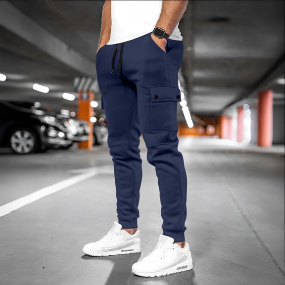 Cargo Sweatpants for Men Fleece Heavyweight Joggers Elastic Waist Drawstring with Pockets, Baggy Pants for Winter Warmth & Gym Navy 2XL