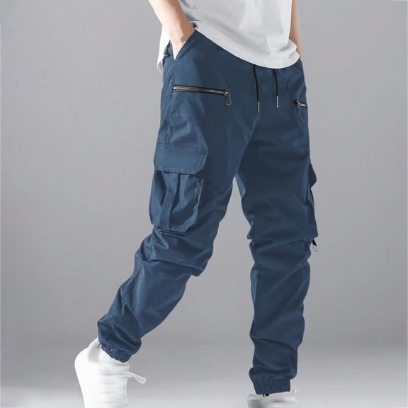 Cargo Sweatpants for Men Heavyweight Fleece Joggers Elastic Waist with Pockets, Baggy Drawstring Pants for Winter Warmth & Gym Dark Blue 2XL