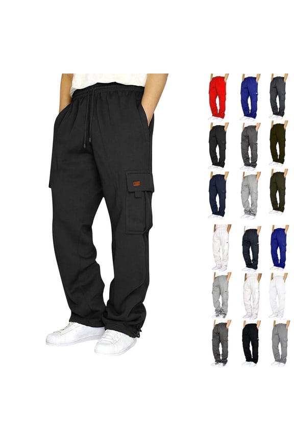 Cargo Sweatpants for Men Heavyweight Fleece Open Bottom Straight Leg Sweatpant Pockets Plus Size Big and Tall Joggers Black L