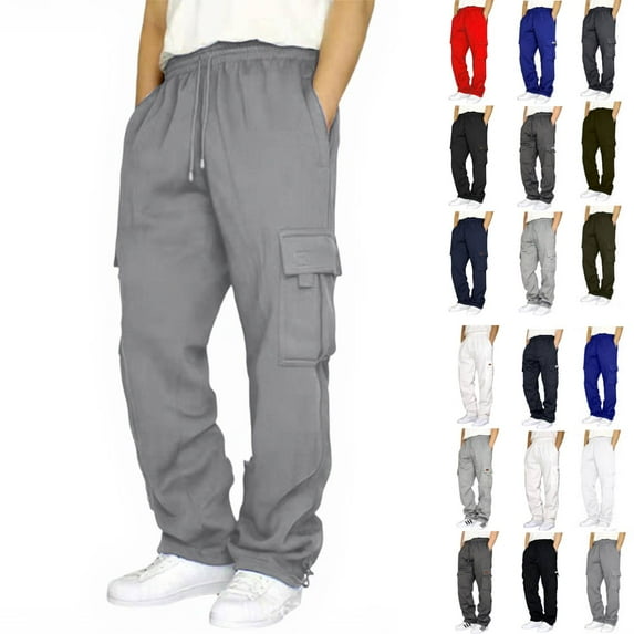 Cargo Sweatpants for Men Heavyweight Fleece Open Bottom Straight Leg Sweatpant Pockets Plus Size Big and Tall Joggers Light Gray L