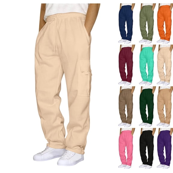 Cargo Sweatpants for Men Plus Size Baggy Fleece Jogger Sweatpants Open Bottom Hiking Jogging Pants with Multi Pocket Beige 5XL
