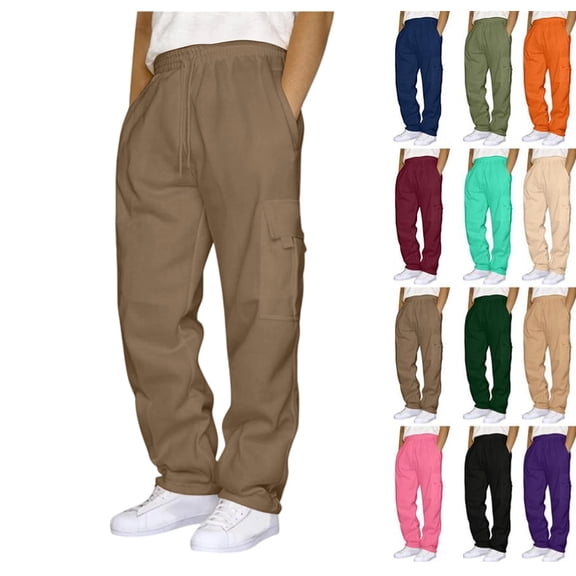 Cargo Sweatpants for Men Plus Size Baggy Fleece Jogger Sweatpants Open Bottom Hiking Jogging Pants with Multi Pocket Light Brown XXL