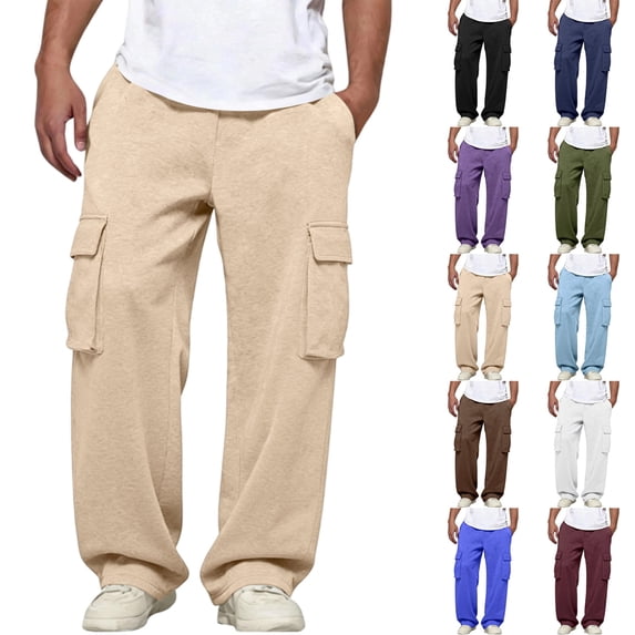 Cargo Sweatpants for Men Straight Wide Leg Baggy Pants High Rise Elastic Jogger with Pockets, Beige XXL