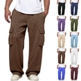 thumbnail image 1 of Cargo Sweatpants for Men Straight Wide Leg Baggy Pants High Rise Elastic Jogger with Pockets, Brown 3XL, 1 of 7