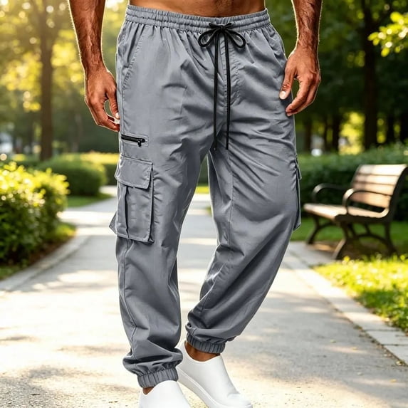 Cargo Sweatpants for Men with Cuffed Hem Drawstring Solid Color Pants Elastic Waist Comfortable Jogger Outdoor Pants
